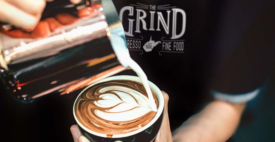 Man in t-shirt that says Grind WV is pouring a latte