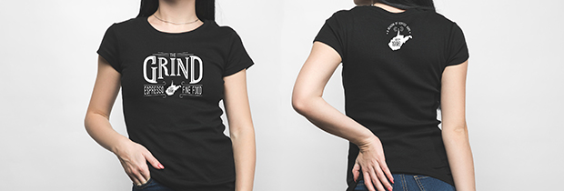 Black Grind WV Staff Tees with white Grind Logo on Front and white secondary logo on back