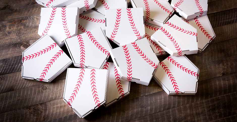 Home Plate shaped boxes with red baseball threading printed on them