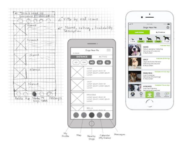 Sketch, Wireframe and Final Mockup of Dogs Near Me Page