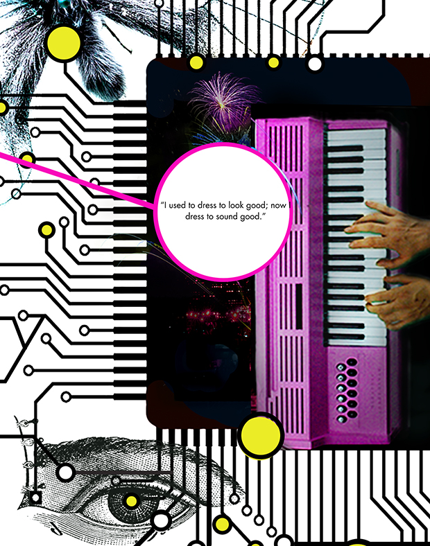 Hands playing pink keyboard with fireworks and city lights in the background